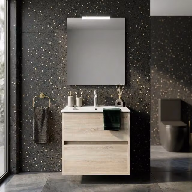 Mueble de baño suspendido BB BUYBATH moderno en color roble y beige con cajones, puertas con cierre suave e iluminación LED