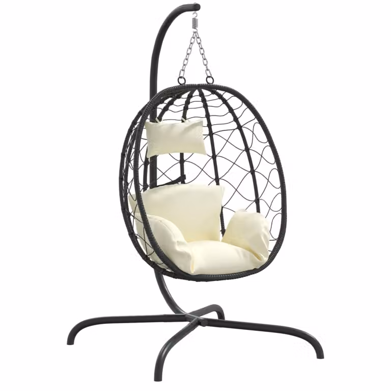 Sillón colgante tipo huevo vidaXL con cojines en color blanco y estructura de metal negro mate para jardín o salón