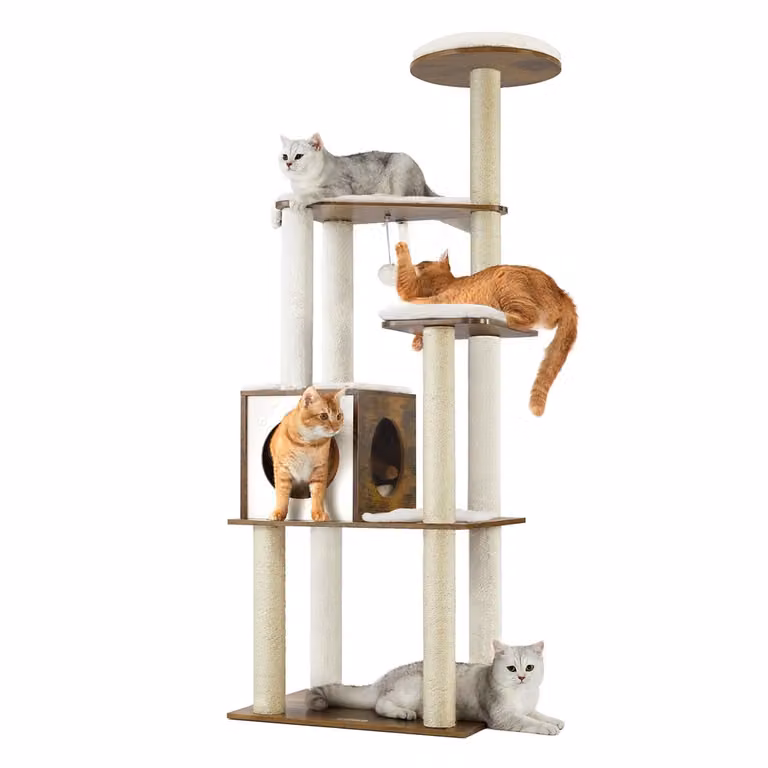 Árbol rascador Feandrea para gatos con cueva, terraza y juguetes integrados, color marrón y blanco, estilo rústico, Altura: 165 cm
