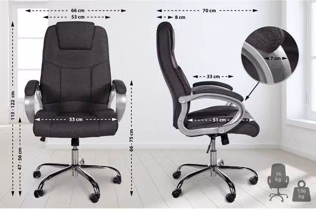 Silla de oficina ergonómica XXL Apoll en tela gris oscuro con reposabrazos An/P/Al: 66 x 70 x 113 cm