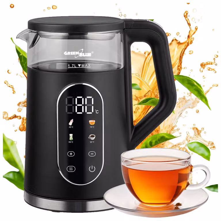 Hervidor eléctrico inalámbrico GreenBlue GB670 B de vidrio color negro con capacidad de 1,7 litros, pantalla de lectura fácil, selección de temperatura y función de mantener caliente, 2200 W