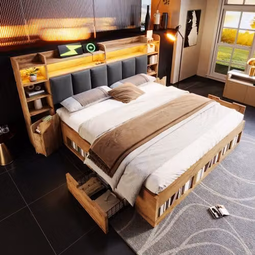 Cama doble WISHDOR de madera y metal con cabecero, iluminación bajo la cama, puerto de carga USB, estantes laterales y cajones, color natural, 160x200 cm