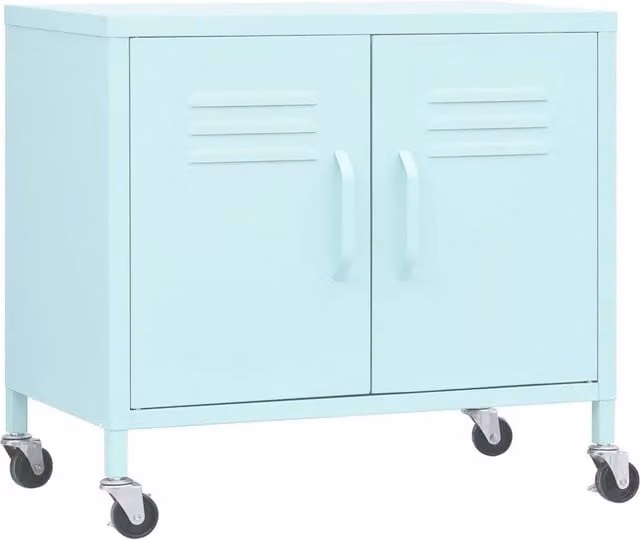 Armario de almacenamiento móvil Helloshop26 con estantes ajustables y puertas batientes en metal color verde mate, An/P/Al: 60 x 35 x 56 cm