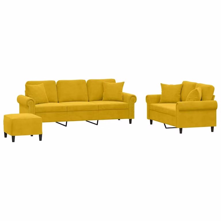 Juego de sofás de 3 piezas vidaXL en terciopelo amarillo con otomana y cojines para salón de estilo moderno