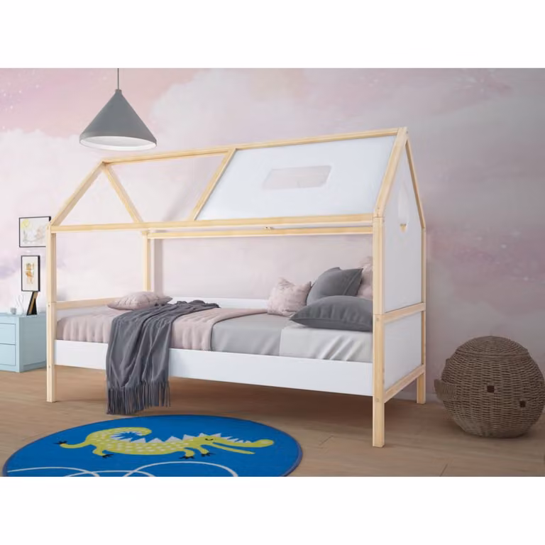 Cama cabaña Loft24 para niños de madera de pino blanca con zona de juego de 90 x 200 cm