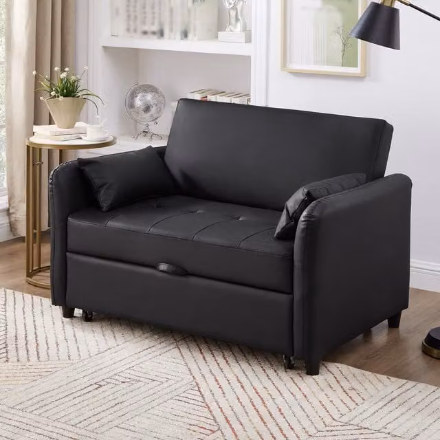 Sofá Cama de 2 Plazas DREAMMESPACE Negro con Respaldo Regulable y Tapizado en Piel Sintética An/P/Al: 122 x 83 x 82 cm