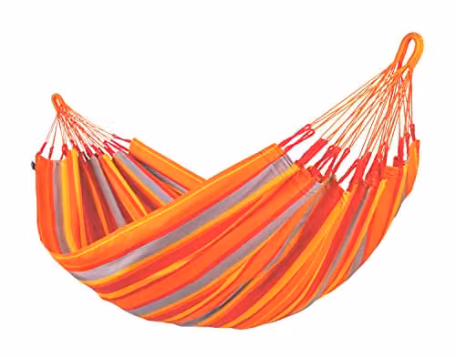 Hamaca individual La Siesta Brisa Orange Classic con soporte para jardín y terraza, resistente a la intemperie y de tejido de olefinas, color naranja con rayas