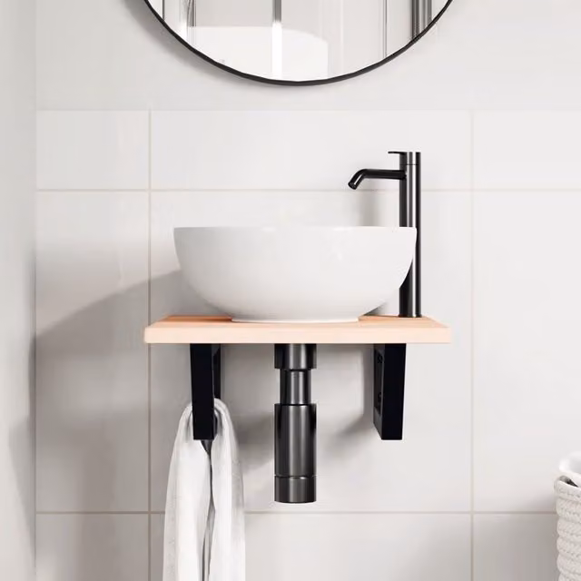 Estante de lavabo de pared SYFAX de madera de roble y metal en negro, marrón o blanco