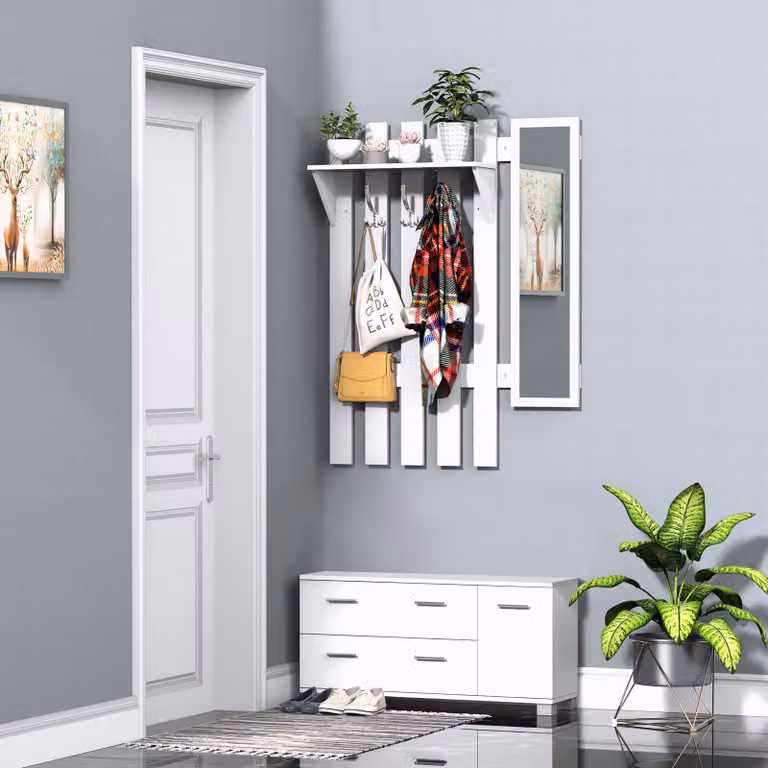 Conjunto de recibidor HOMCOM con espejo, zapatero, perchero de 3 ganchos y 2 cajones en color blanco para tu pasillo