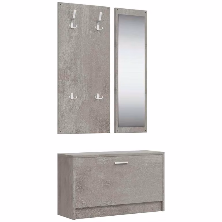 Conjunto de zapatero 3 en 1 vidaXL con espejo y estante de pared en madera contrachapada gris hormigón