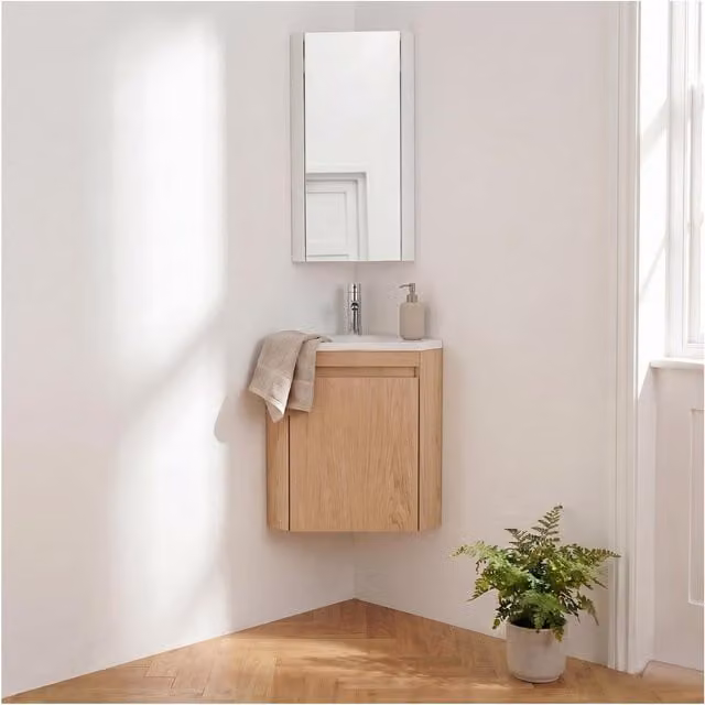 Conjunto de lavabo de rincón suspendido MOB IN con armario y grifo en acabado mate blanco y marrón