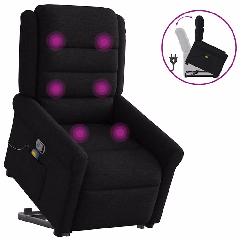Sillón reclinable de masaje elevable vidaXL en tela color negro con reposabrazos y diseño moderno para mayores