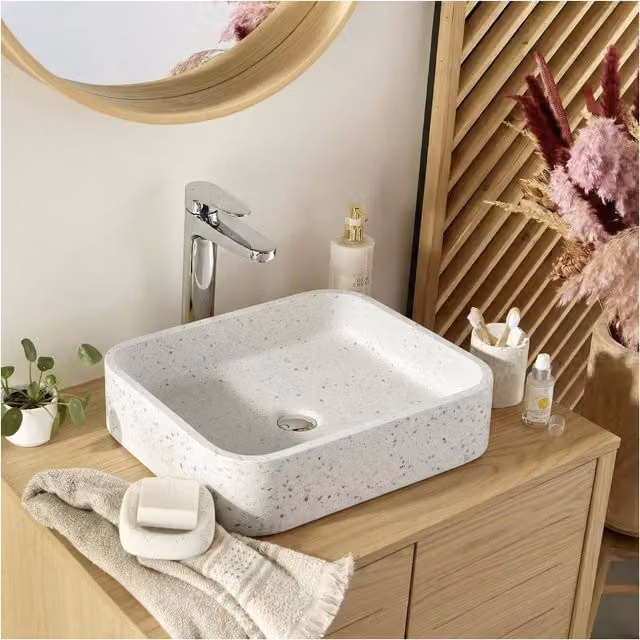 Lavabo rectangular de terrazo sobre encimera Mob-In en gris y blanco An/P/Al: 45 x 38 x 12 cm