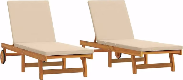 Set de 2 tumbonas Syfax de madera de acacia tratada en color marrón con cojines beige para jardín o terraza