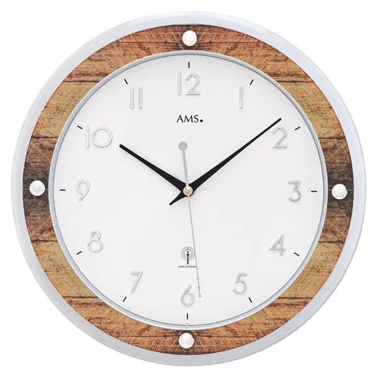 Reloj de pared analógico AMS 5565 con radiofrecuencia, diseño moderno redondo en blanco y marrón