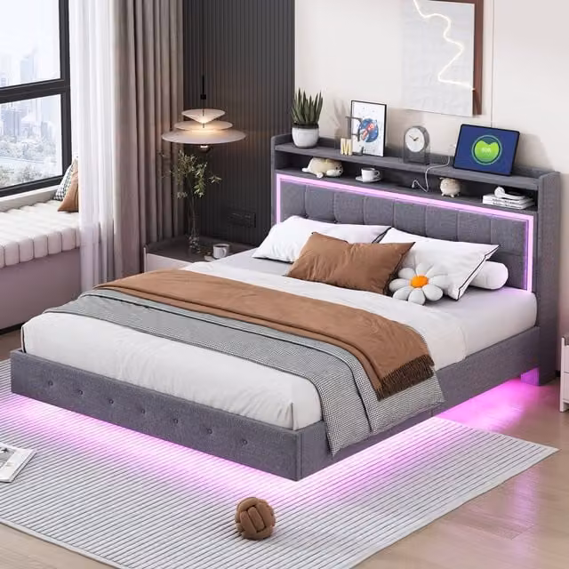 Cama doble para adultos WISHDOR tapizada en lino gris con puerto USB, iluminación LED y somier incluido, An/P/Al: 160 x 200 x 48 cm