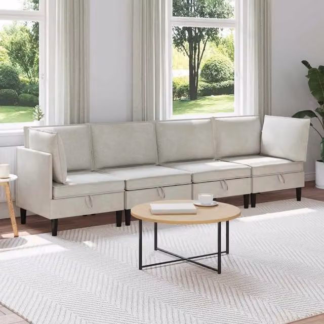 Juego de muebles de salón vidaXL de 4 piezas en terciopelo beige con diseño en L y cojines incluidos