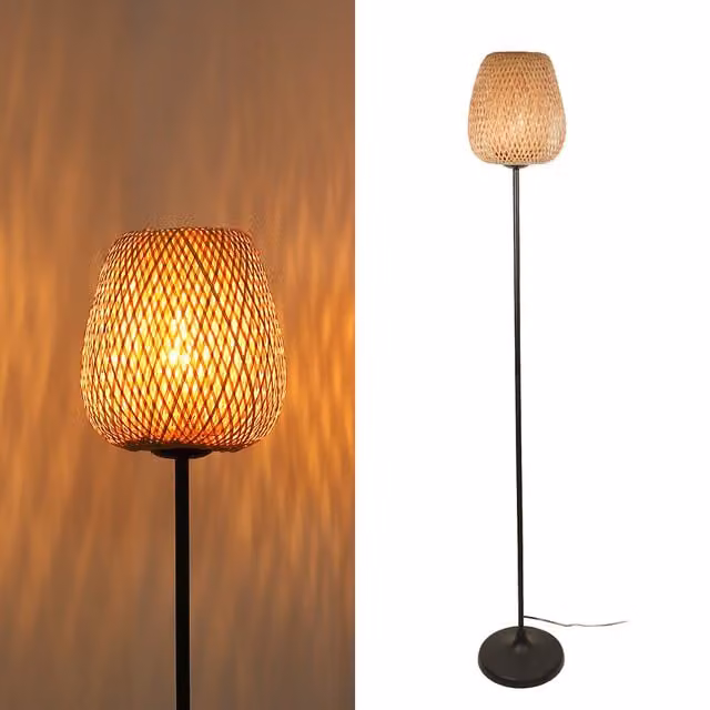 Lámpara de pie de bambú y mimbre ALPINALUZ en color beige con interruptor de cable y base E27, Altura: 158 cm