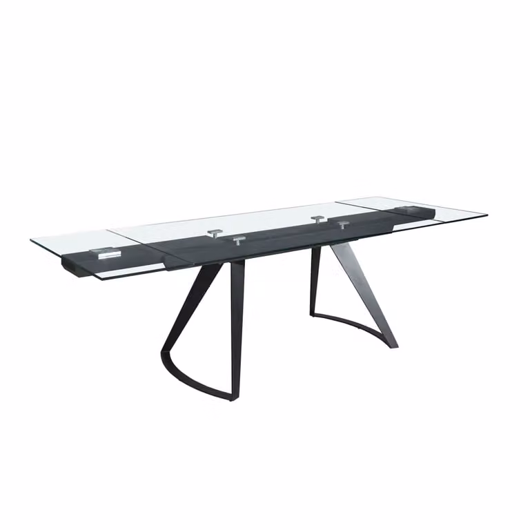 Mesa de comedor extensible Angel Cerdá S.L. de cristal templado transparente y acero negro con acabado brillante y diseño rectangular moderno