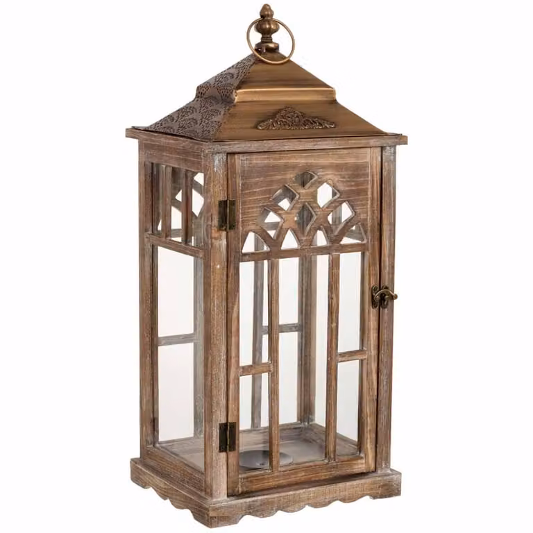 Farol decorativo Wanderlust deco de madera y metal estilo rústico en color marrón y bronce, An/P/Al: 26 x 21 x 58 cm