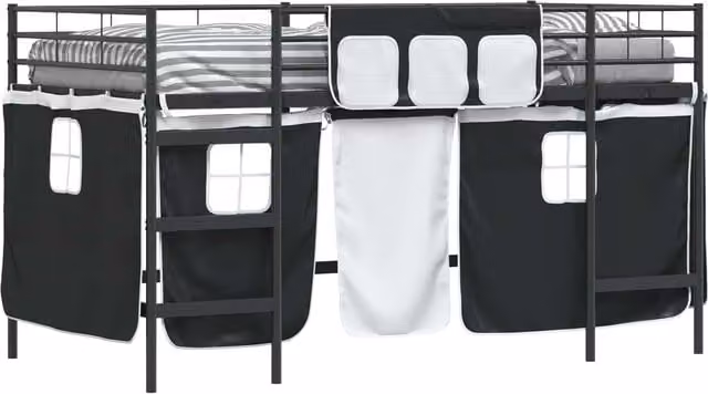 Estructura de cama alta para niños SYFAX de metal con cortinas de tela en color negro, An/P/Al: 112 x 205 x 116 cm