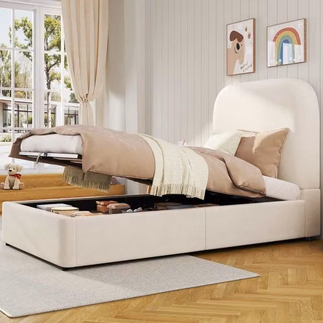 Cama infantil UWOT con almacenaje hidráulico y cabecero acolchado en terciopelo beige, An/P: 90 x 200 cm