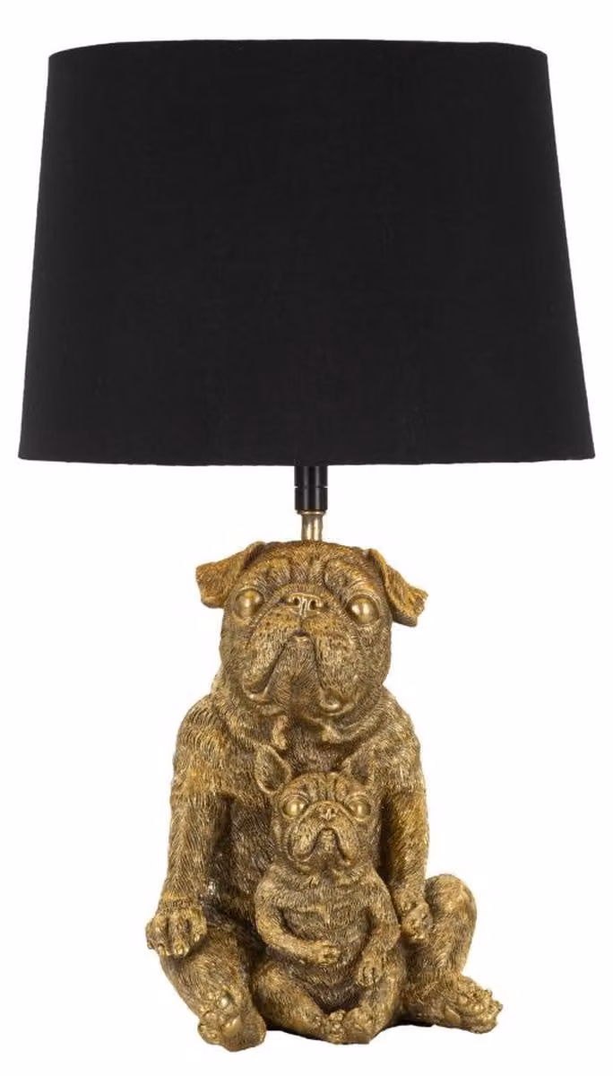 Lámpara de mesa Dog de Kendra Home en resina y metal color oro y negro con pantalla de tela cilíndrica