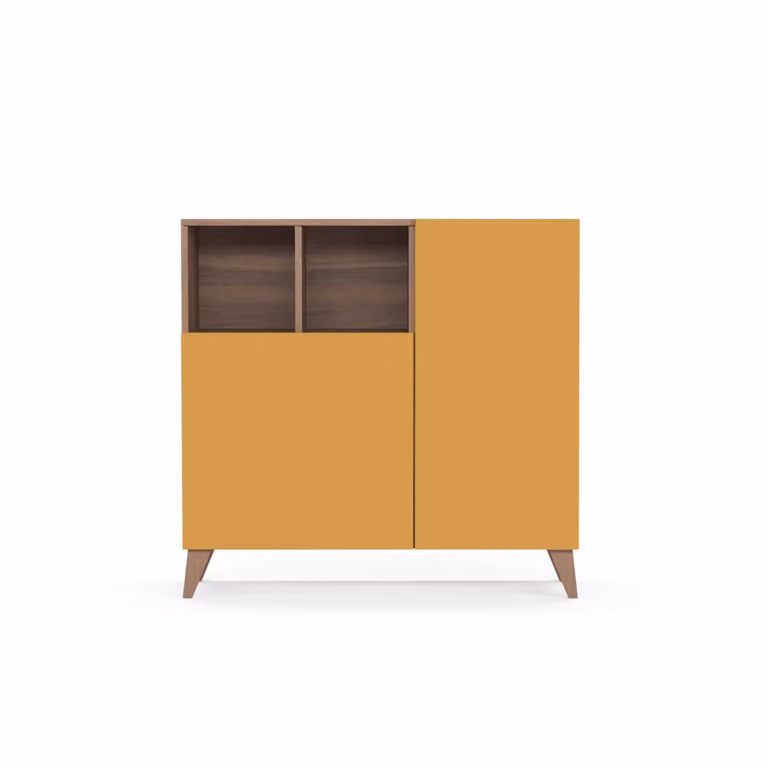 Mueble zapatero Oslo de HERDASA con patas de haya, color nogal y puertas mostaza, An/P/Al: 87 x 27 x 90 cm