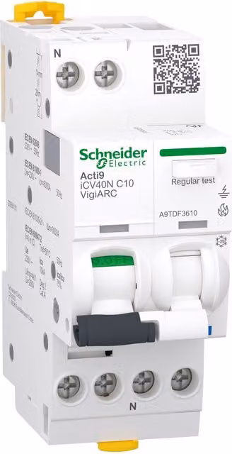 Interruptor combinada de protección diferencial y arco eléctrico Schneider Electric ICV40N Vigiarc RCBO 1PN 10A 30mA A-SI 10kA Blanco