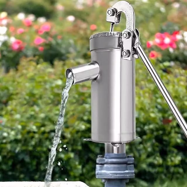 Bomba de agua manual de acero inoxidable para aguas subterráneas de hasta 10 m de profundidad en color plata y verde