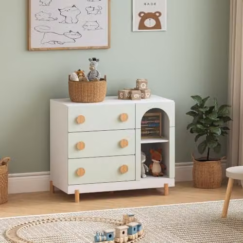 Cajonera infantil Vaarentaa en.casa con 3 cajones, color blanco y verde, An/P/Al: 79 x 41 x 66 cm