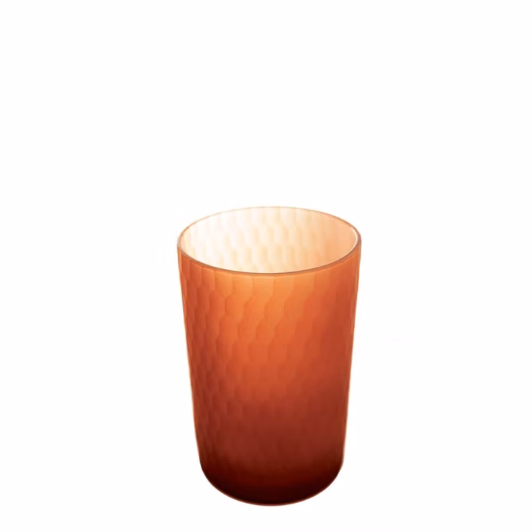 Portavelas decorativo de vidrio Sia Deco color naranja con diseño geométrico redondo para mesa, Altura: 18 cm, Ancho: 12 cm, Profundidad: 12 cm
