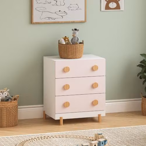 Cajonera infantil Vaarentaa de en.casa con 3 cajones, estilo escandinavo, color blanco y rosa, An/P/Al: 66 x 55 x 41 cm