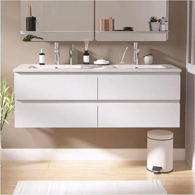 Mueble de baño Sorrento con lavabo y espejo en color roble y blanco, diseño moderno suspendido con puertas y cajones de cierre suave, An: 120 cm, P: 45 cm, Al: 43,5 cm