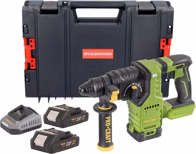 Martillo Perforador a Batería Procraft PHA30BB 20 V Brushless con 2 Baterías de 2,0 Ah, Cargador y Maletín, Color Verde