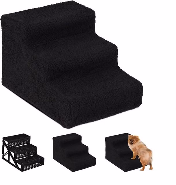 Escalera para perros y gatos Relaxdays de 3 peldaños con funda lavable, negra, An/P/Al: 30 x 35 x 45 cm