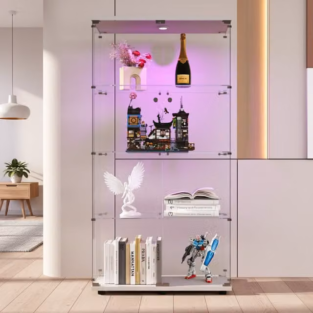 Vitrina de cristal NAHILIMI con 4 estantes, iluminación LED, cerradura y botellero, color blanco