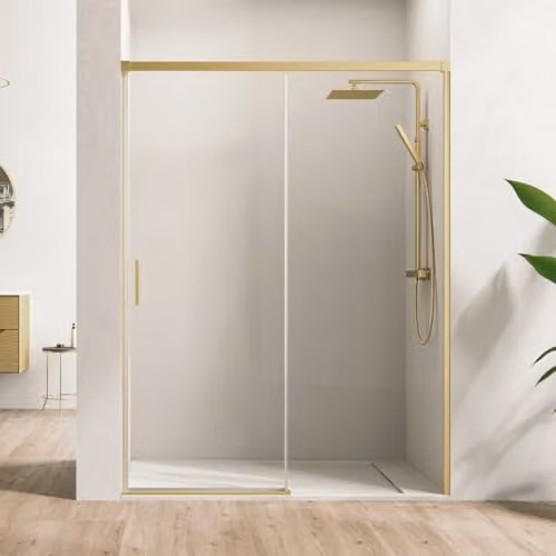 Mampara de ducha frontal corredera B BAÑO TOTAL con vidrio templado de 6 mm, acabado transparente y perfil oro, An: 100 cm, Al: 195 cm