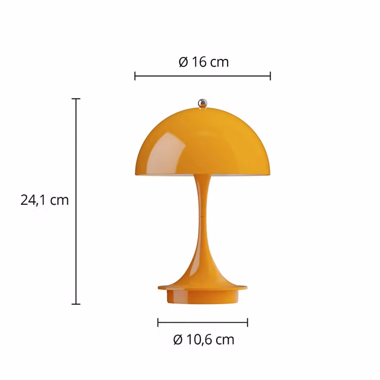 Lámpara de mesa portátil Louis Poulsen Panthella PORTABLE 160 V3, diseño LED regulable, color amarillo y naranja