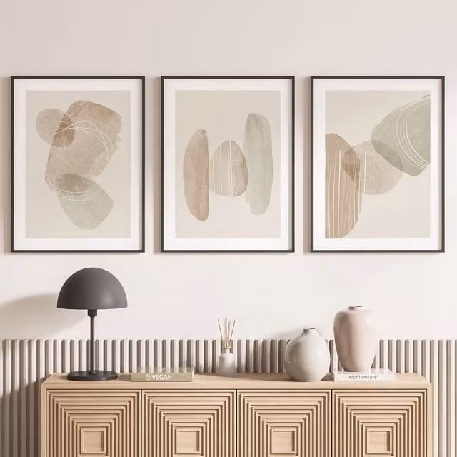 Juego de 3 pósteres abstractos modernos Lumalea en blanco, negro y beige, An/P/Al: 30 x 30 x 40 cm