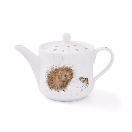 Tetera de porcelana Royal Worcester Wrendale Designs con motivos de erizo y ratón en color blanco y multicolor