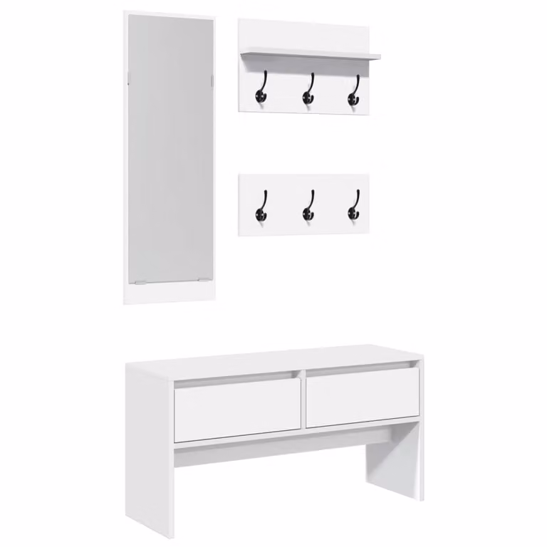 Set de muebles de recibidor de 4 piezas vidaXL en color blanco y acabado mate para pasillo con banco, espejo, estante de pared y zapatero de madera MDF de estilo moderno