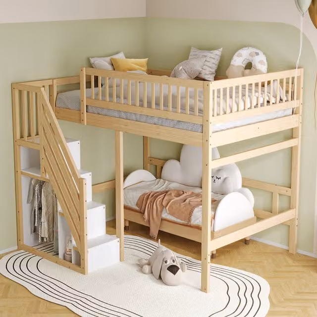 Cama alta Dreammespace para niños con escalera, armario y barandilla en madera de pino, colores blanco y gris, An/P/Al: 200 x 140 x 192 cm