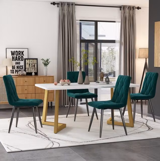 Conjunto de mesa de comedor y 4 sillas BEAOK de estilo moderno con mesa rectangular de MDF blanco y sillas de terciopelo verde y patas de metal dorado, An/P/Al: 117 x 68 x 75 cm