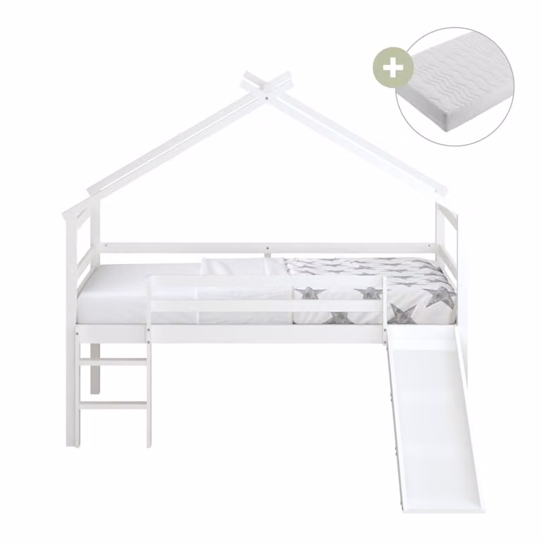 Cama infantil Sunny con estructura de madera de pino, tobogán y colchón híbrido, color blanco, An/P/Al: 200 x 90 x 183 cm