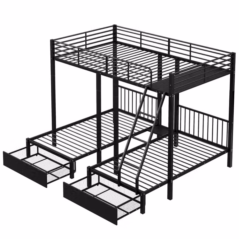 Litera triple convertible OKWISH de metal con 2 cajones, color negro, separable en 3 camas, An/P/Al: 246 x 177.8 x 160 cm