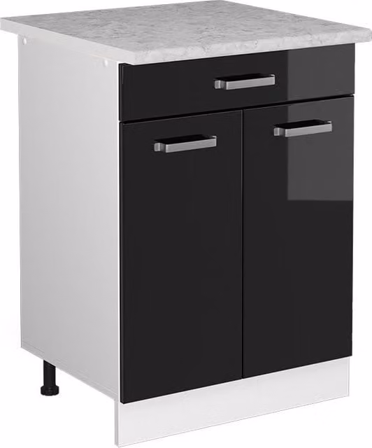 Mueble bajo de cocina Vicco R-Line en negro brillo con encimera de mármol An/P/Al: 60 x 29 x 81,6 cm
