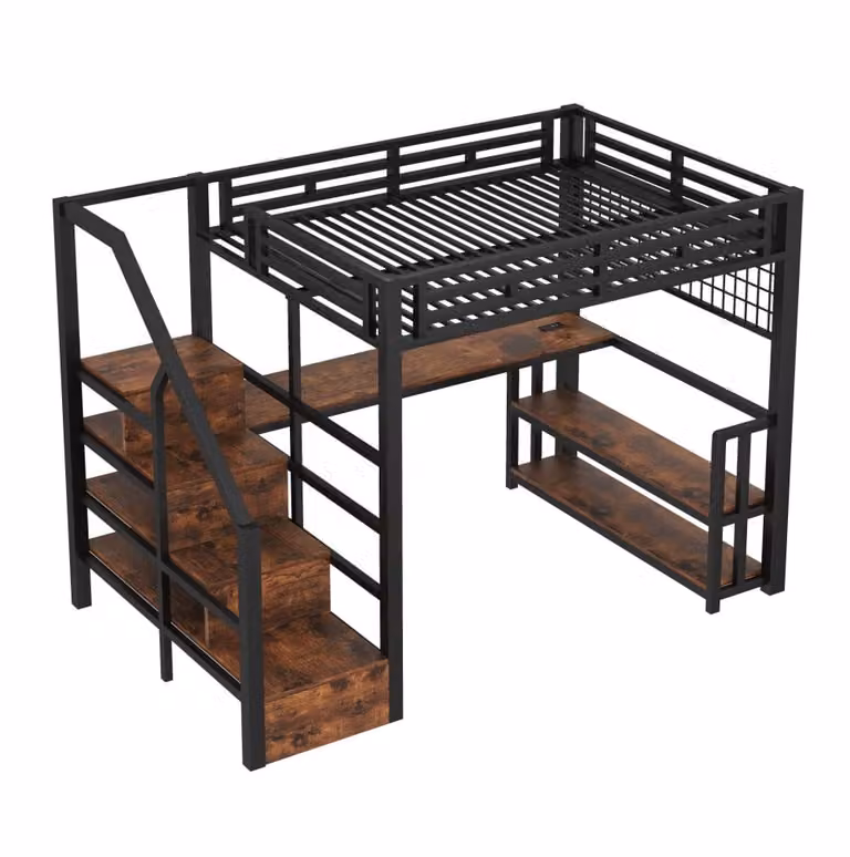 Cama alta REDOM para niños en color negro con escritorio, estantería, iluminación LED y puerto USB, fabricada en metal y MDF, An/P/Al: 200 x 140 x 176 cm