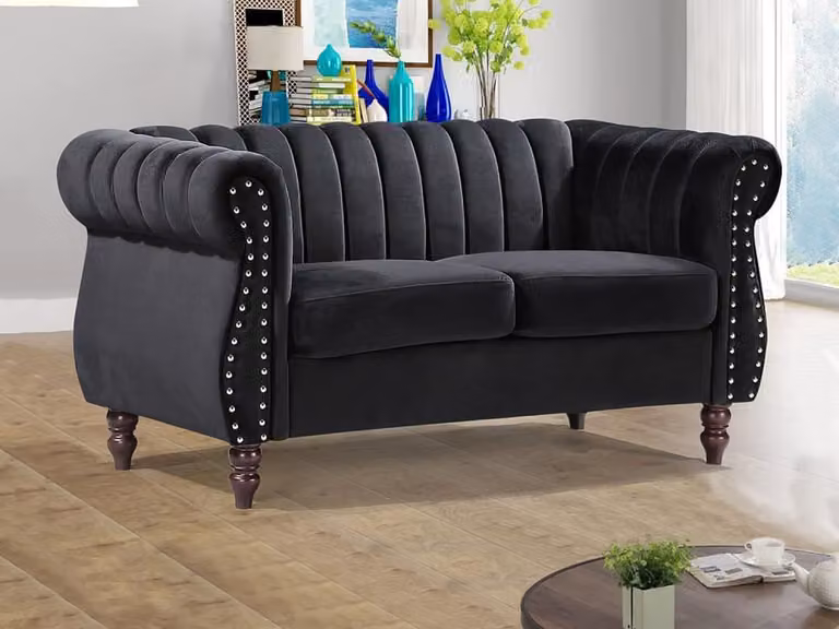 Sofá Chesterfield de 2 plazas Vente-Unique en terciopelo negro con estructura de madera sólida An: 150 cm, Al: 78 cm, P: 77 cm