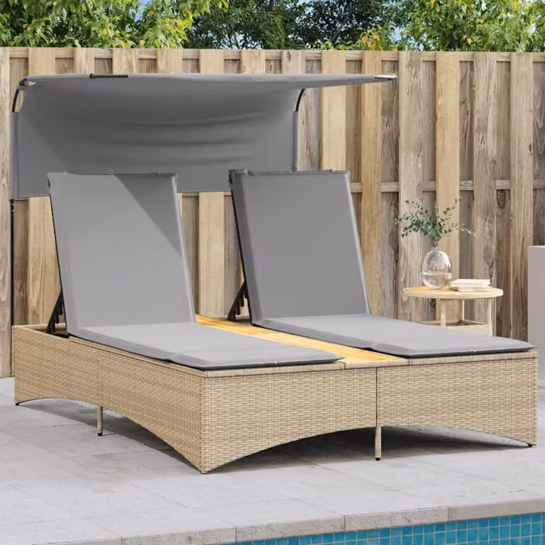 Tumbona doble Prolenta con toldo y reposacabezas ajustable en ratán sintético, color beige